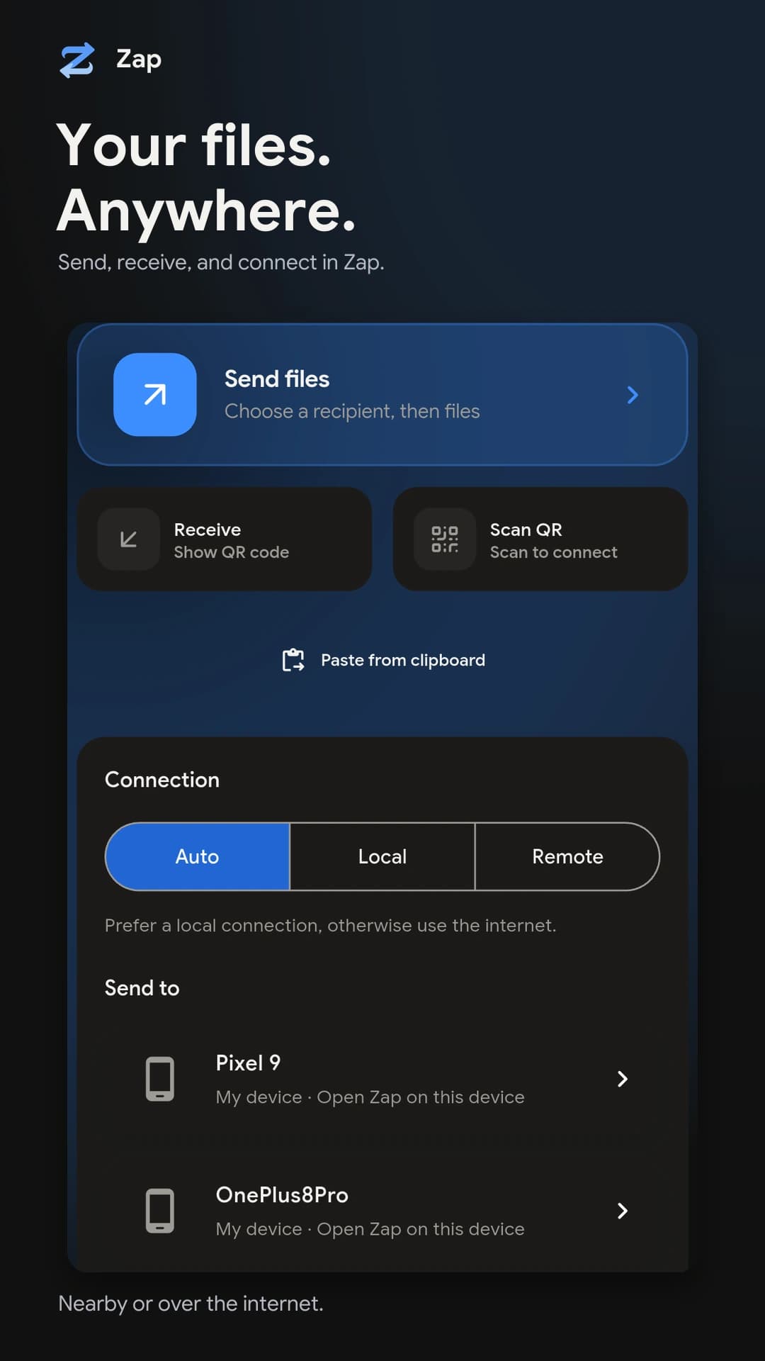 Zap home screen with a Send files action, Receive and Scan QR shortcuts, and a connection selector.