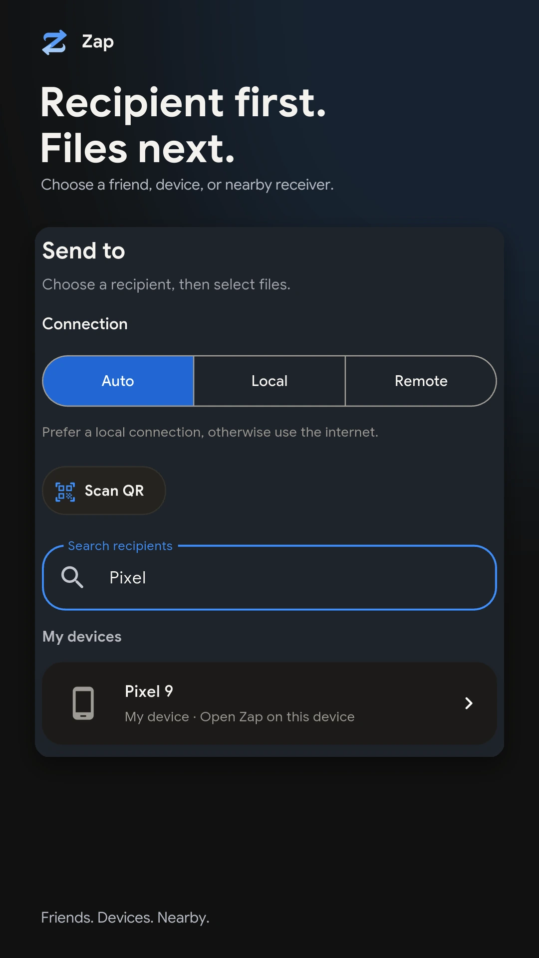 Zap recipient picker with Auto, Local and Remote connection options and a Pixel device row.