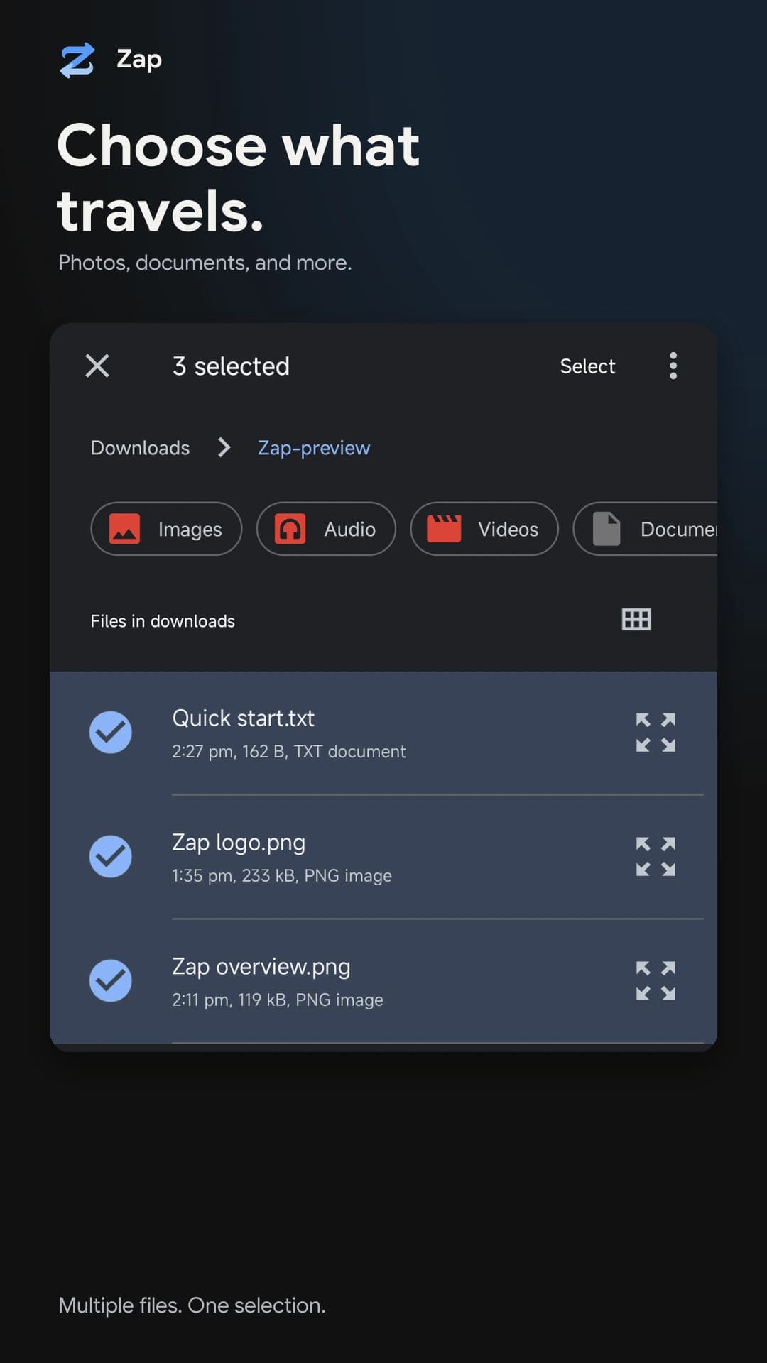 Android file picker with three files selected to send in Zap.