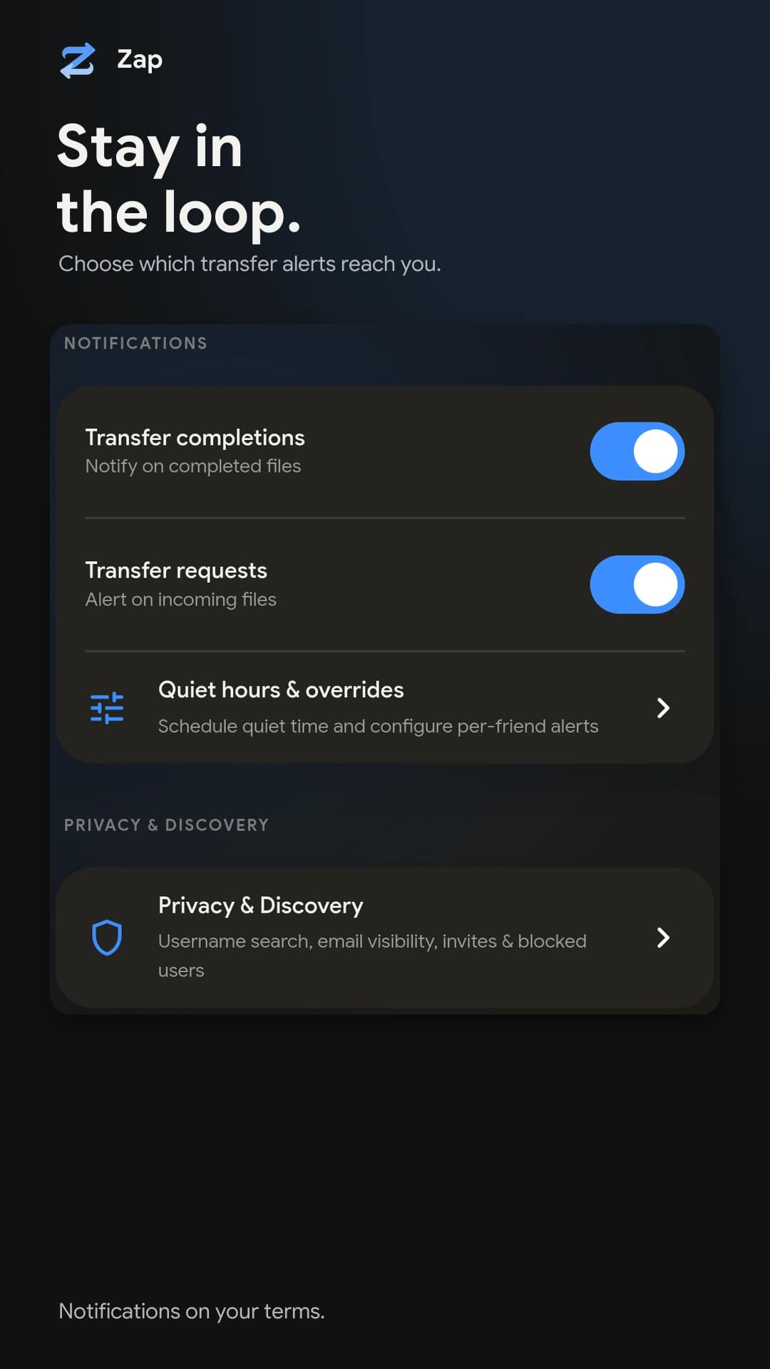 Zap notification settings with switches for transfer completions and requests.