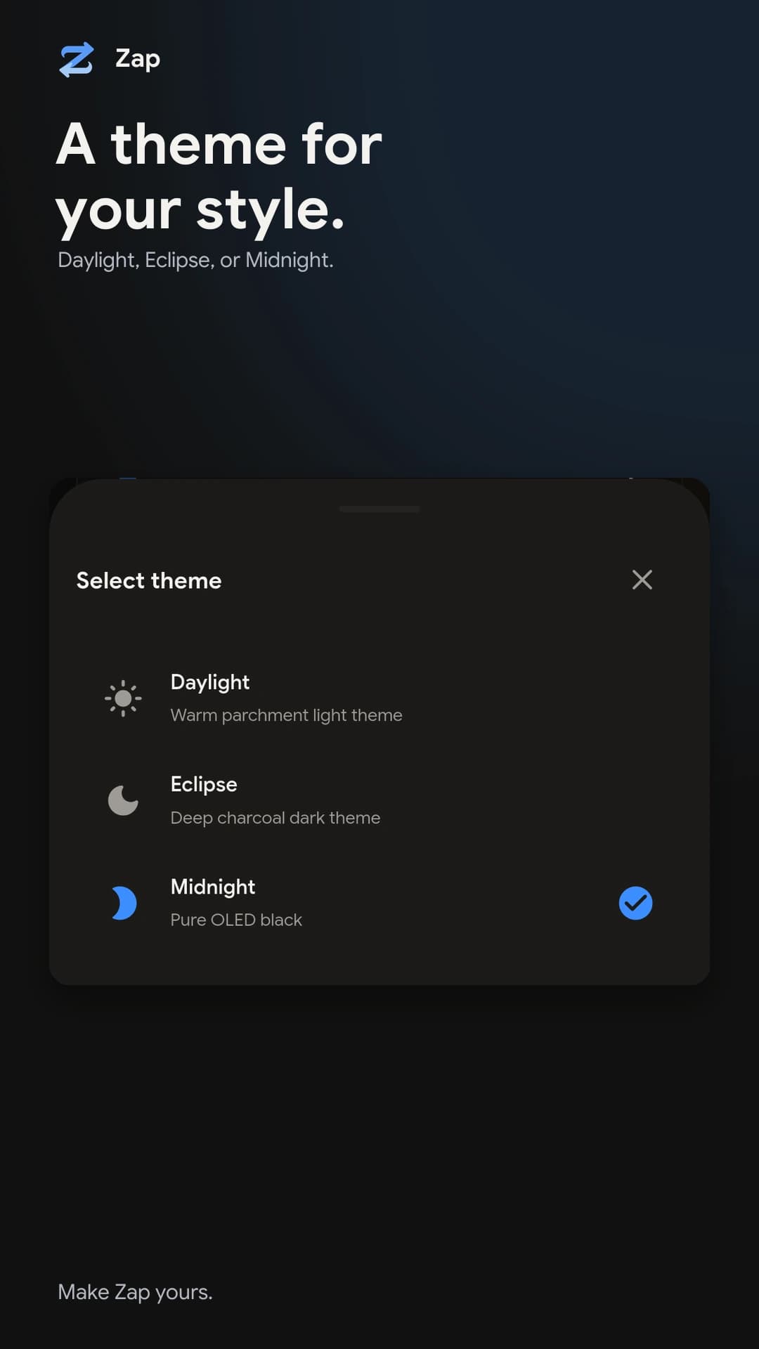 Zap appearance settings listing the Daylight, Eclipse and Midnight themes.
